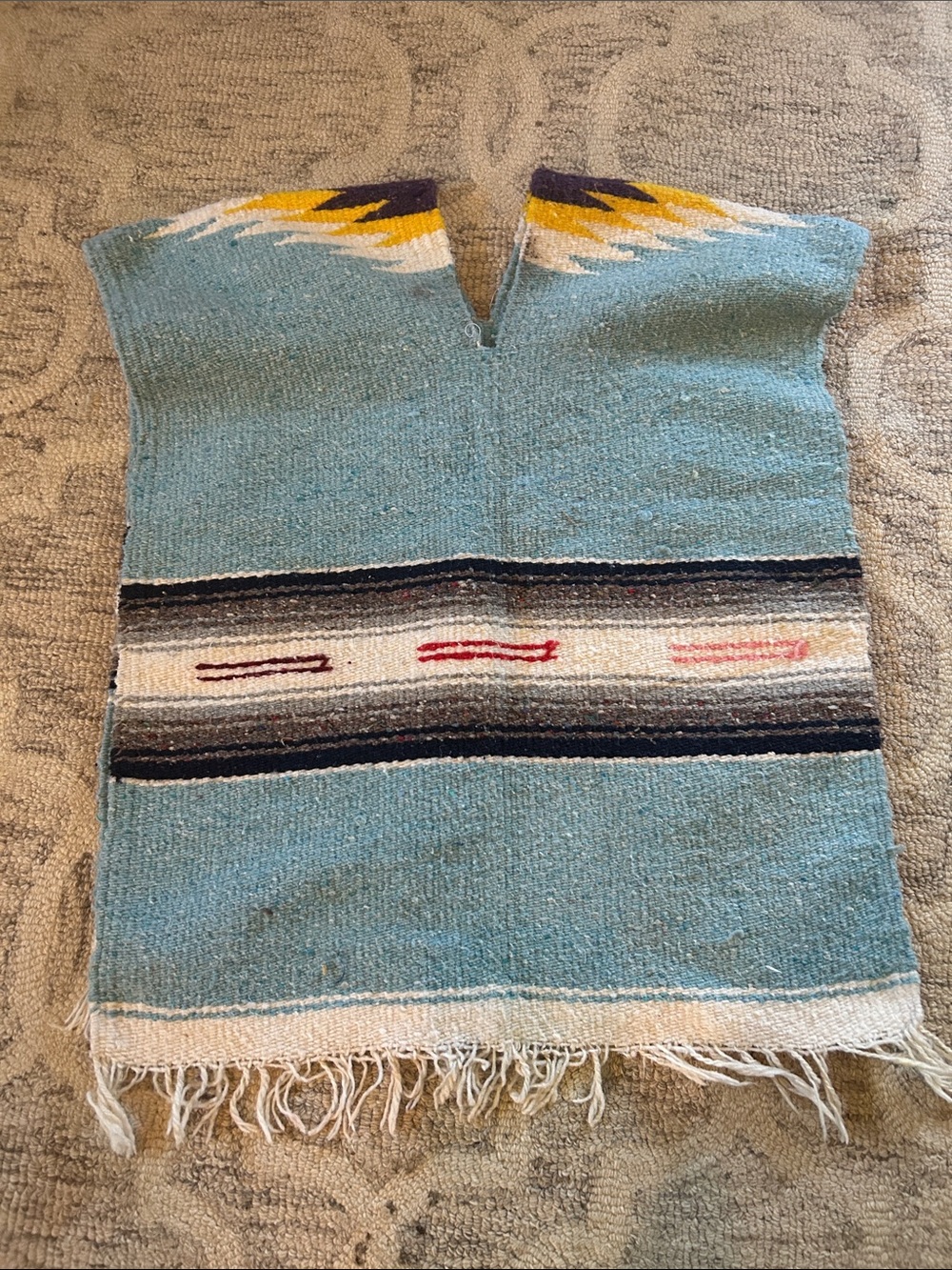 Kids Light Blue Southwestern Patchwork Knit Poncho with Fringe